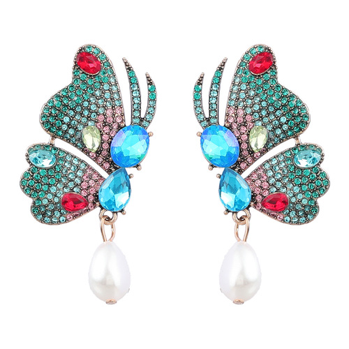 Fashion colour set auger drill alloy pearl pendant earrings female butterfly trend in Europe and the web celebrity earrings earrings