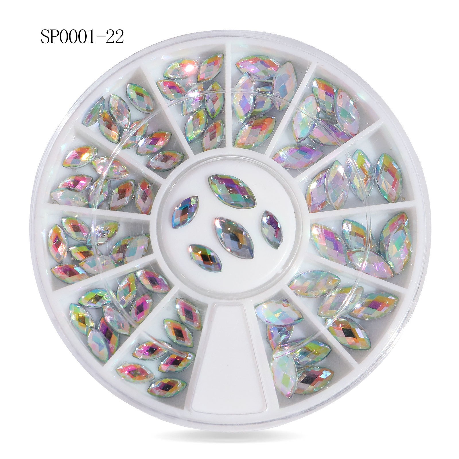 Joyería de uñas transfronteriza de uñas de aleación de color mágico plano Diamante de forma especial blanco AB rhinestone joyería 12 rejilla giratoria al por mayor