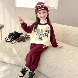 女童宝宝韩版时髦套装中小童春秋新款洋气卡通拼色卫衣长裤两件套