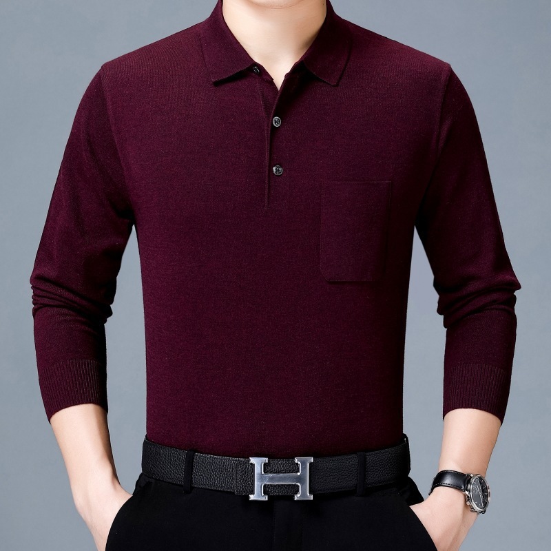 秋の新作中年男性長袖Tシャツニットボトムシャツリアルポケットラペルポロシャツトレンド8820|undefined