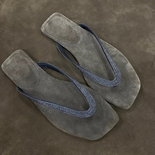 Sheepskin Version ~ French Thong Rhinestone Flip-Flops Women's Outfit 2025 Summer Beach Square Flat Sandals
