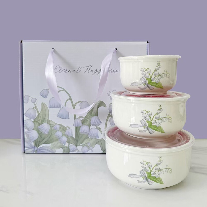 Ceramic Fresh-Keeping Bowl Three-Piece Set, Sealed Lunch Box, Creative Gift Set, Bowl Opening Event, Promotional Return Gift, Printed Logo