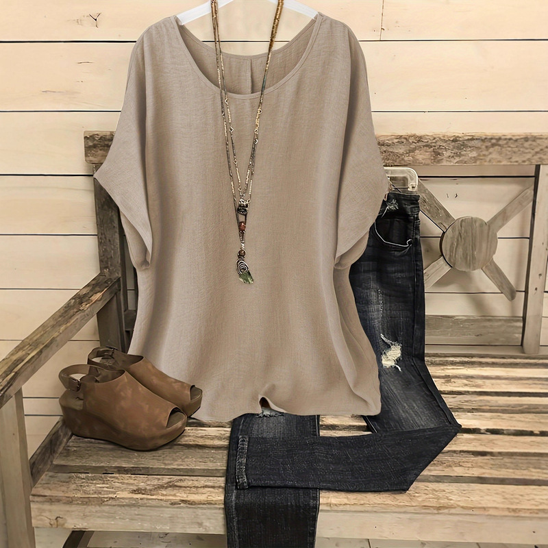 Plus-Size Women's Clothing 2026 Cross-Border New Product Solid Color Cotton and Linen Round Neck Casual Top Short-Sleeved European and American Style Extra Large Size T-Shirt Plus-Size Women's Clothing 2026 Cross-Border New Product Solid Color Cotton and Linen Round Neck Casual Top Short-Sleeved European and American Style Extra Large Size T-Shirt