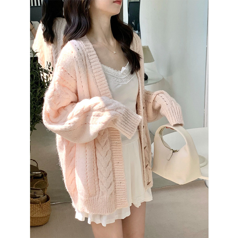 Age-Reducing Twist V-Neck Knitted Cardigan Jacket for Women 2025 Spring Gentle Style Sweet Pink Sweater Loose Top