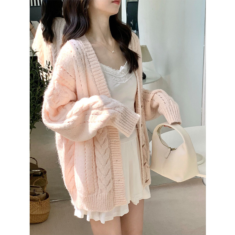 Age-Reducing Twist V-Neck Knitted Cardigan Jacket for Women 2025 Spring Gentle Style Sweet Pink Sweater Loose Top