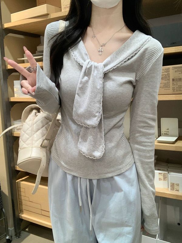 原版面料甜美风海军领系带长袖T恤女装秋季别致减龄显瘦条纹上衣|undefined