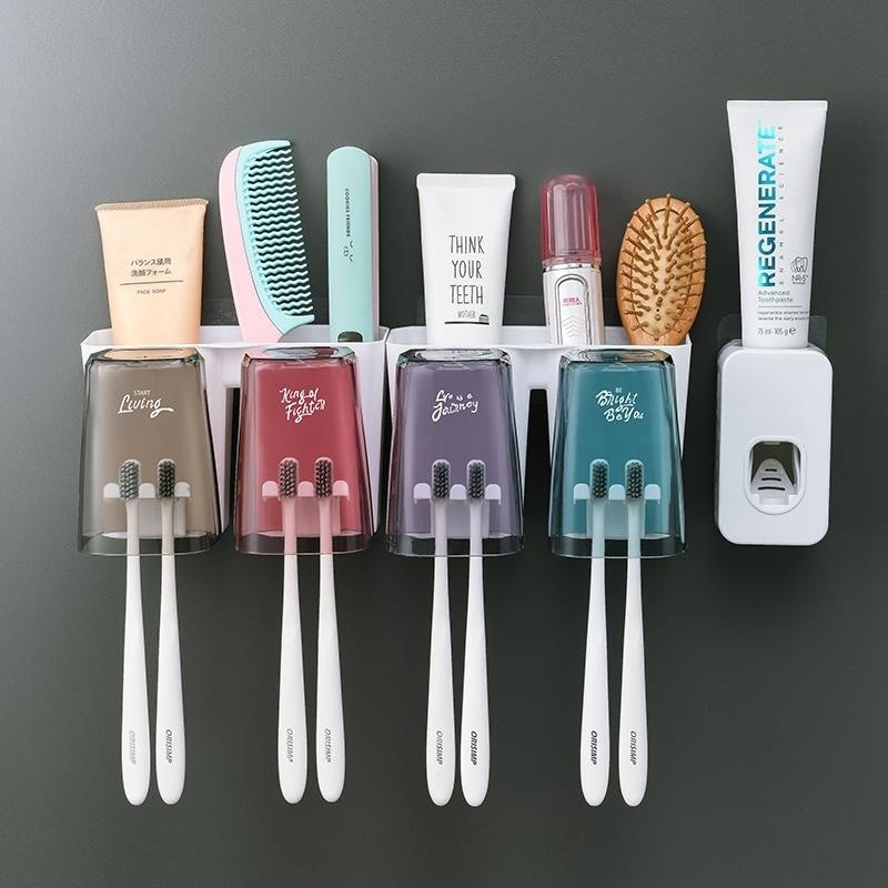 A5L Toothbrush Holder with Dual Squeeze Toothpaste Dispenser, Plastic Hand-Squeeze Toothbrush Cup, Wall-Mounted Dual Brushing Bracket