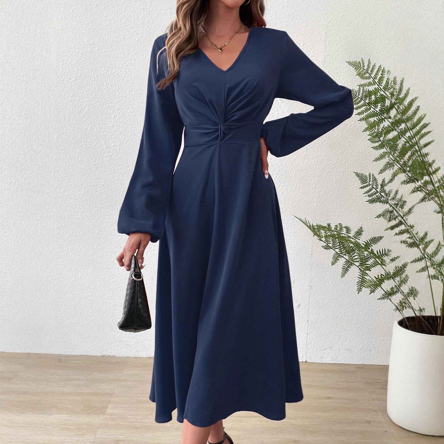European And American Women' Spring Summer Fahion V-Neck Lantern Long Sleeve Twit Edge Elegant Mid-Length_ecoleips.com