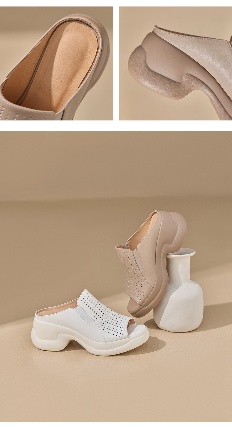 Dép sandal nữ da bò đục lỗ đế xuồng cao gót 9 cm — màu trắng ngà chi tiết 9