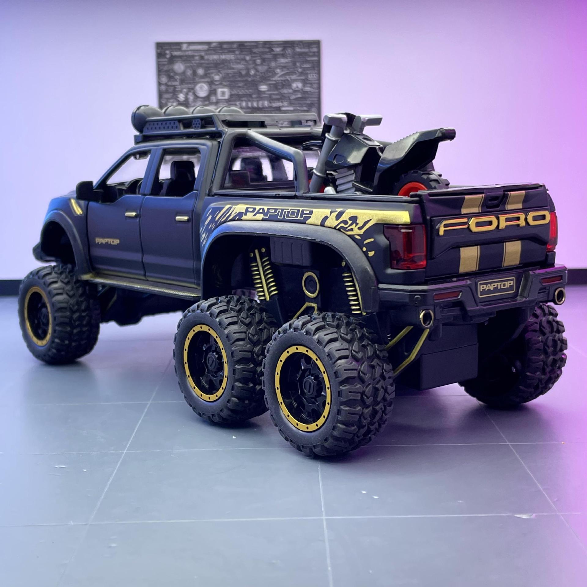 Modelo de coche de aleación 1:28 Raptor, camioneta todoterreno F150, de retroceso con sonido y luz, modelo de coche de juguete de simulación