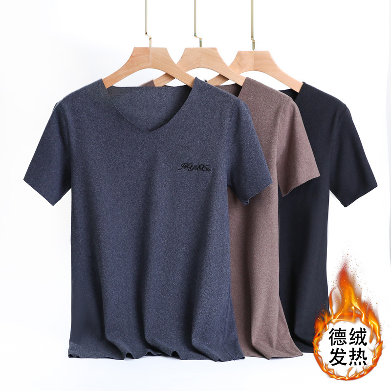 Autumn and Winter De Rong Men's Thermal Underwear fleece-lined Thickened Short-sleeved Traceless T-shirt Traceless Half-sleeved Vest V-neck Top