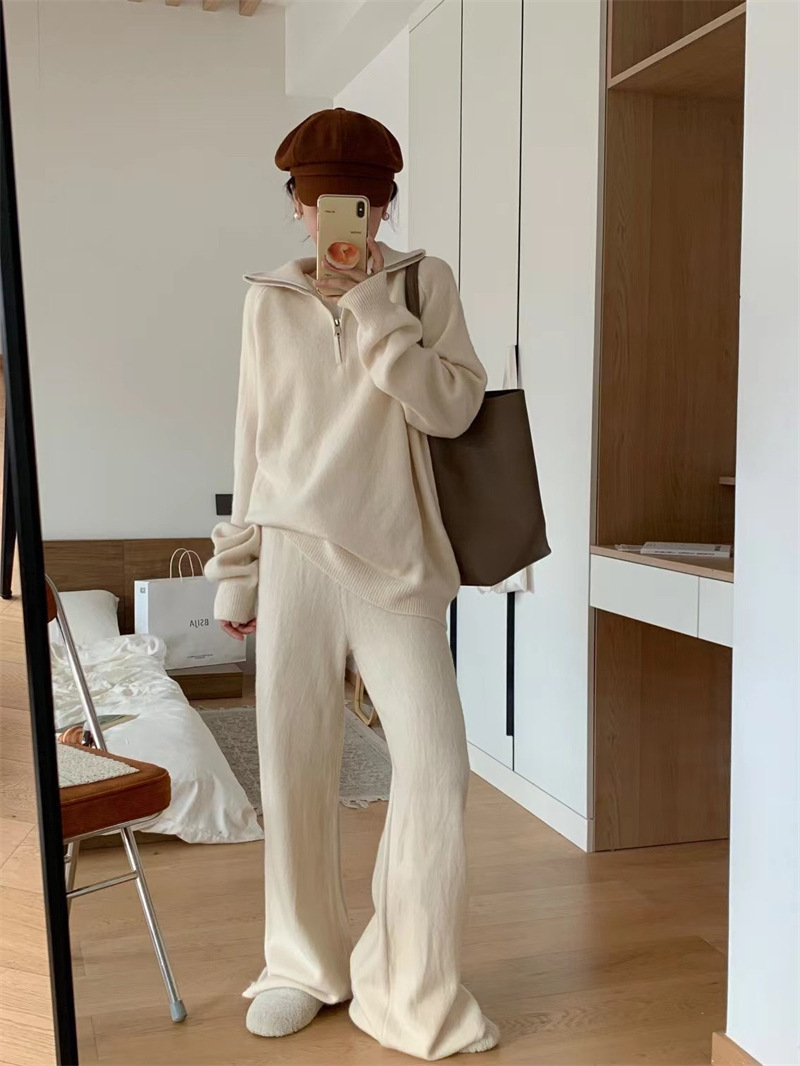 Women’s Korean Style Knit Sweater & Wide Leg Pants Set – Lapel Half-Zip Lounge Suit (One Size, 6 Colors)_voghion.com