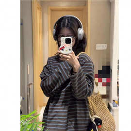 韩系复古条纹正肩长袖T恤女春秋冬内搭打底衫oversize慵懒风上衣