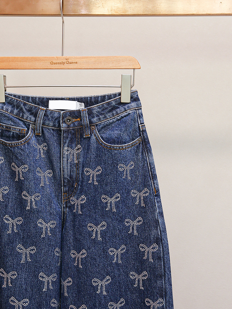 パンツ self portrait bow straight trousers Self-Portrait Rhinestone Bow High-Rise Straight-Leg Jeans