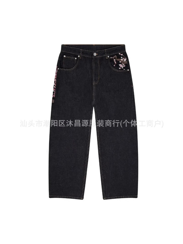 跨境外贸美式复古刺绣个性街头潮流阔腿休闲百搭牛仔裤嘻哈长裤|undefined