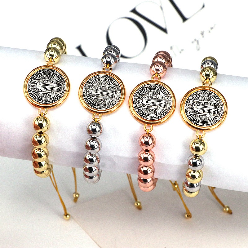 Copper Chain Material Wholesale Jewelry Casual Vintage Style Religion Human Saint Benedict Copper Gold Plated Beaded Bracelets
