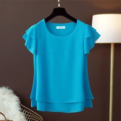お腹を隠す夏の新型半袖上着の女性のシフォンの大きいサイズのtシャツのゆったりした洋風の小さいシャツの女性の底のシャツ