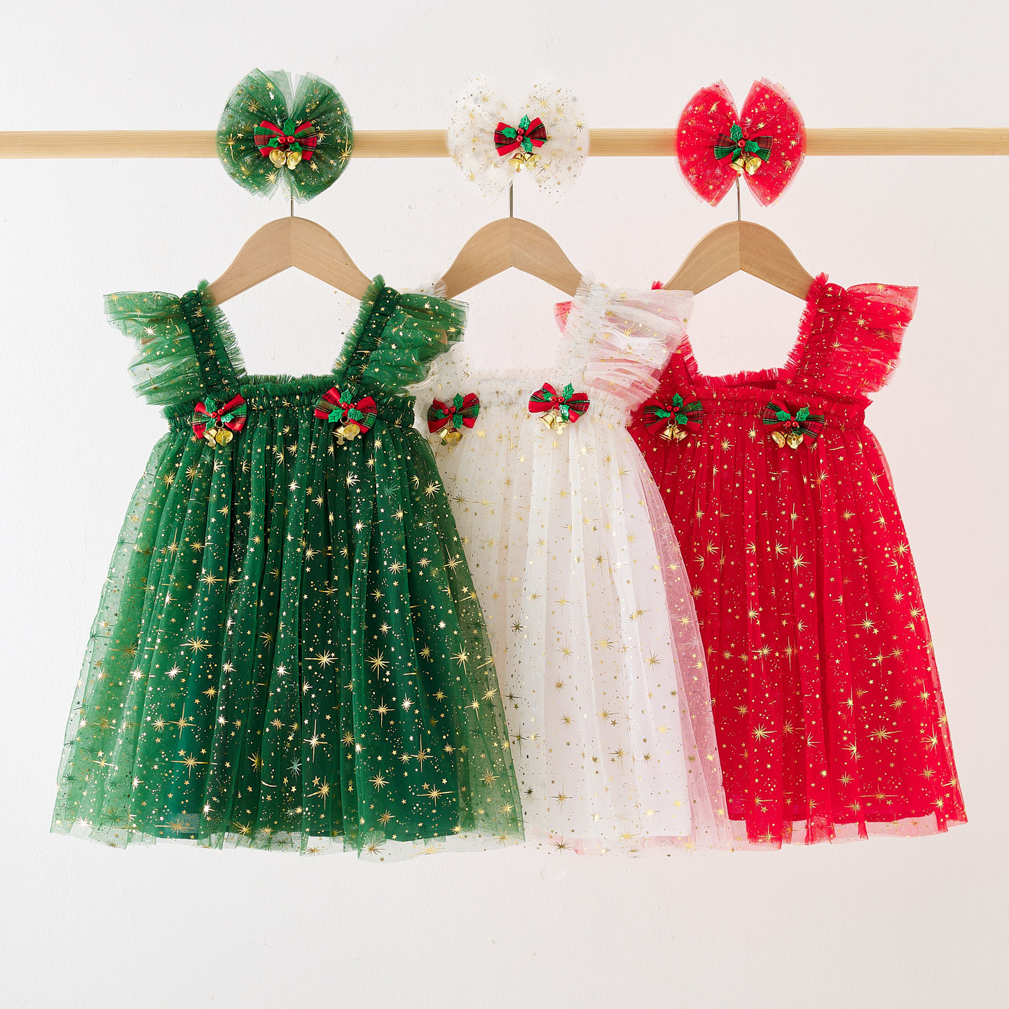 新款跨境圣诞童裙星星吊带裙节日网纱蓬蓬连衣裙宝宝拍照公主裙