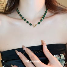 新中式祖母绿琉璃圆珠项链简约国潮个性锁骨链复古高级感项饰批发