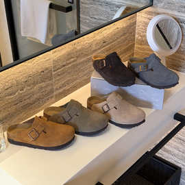 桑坡全牛皮5CM厚底勃肯半拖鞋女外穿真皮软木足弓支撑复古博肯鞋