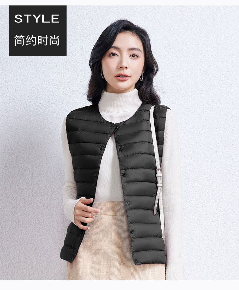 Otoño y invierno nuevo chaqueta ligera de plumón, chaleco de cuello corto de cuello redondo sin cuello ligero chaleco de color sólido