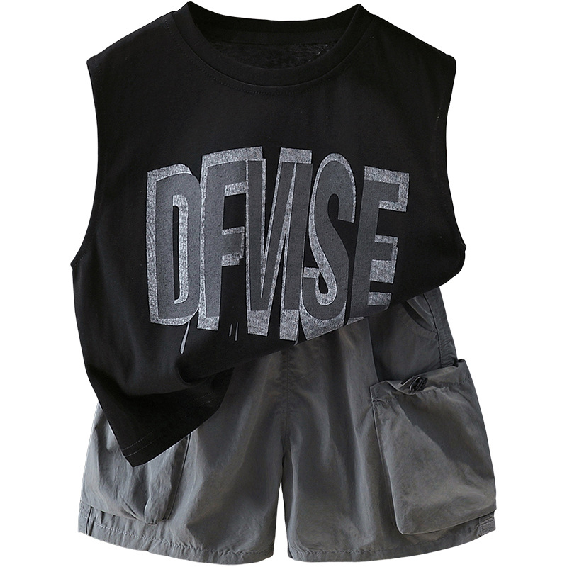 7404 Conjunto de chaleco con letras para niños Verano 2025 Nuevo traje para niños Versión coreana suelta y delgada de dos piezas sin mangas