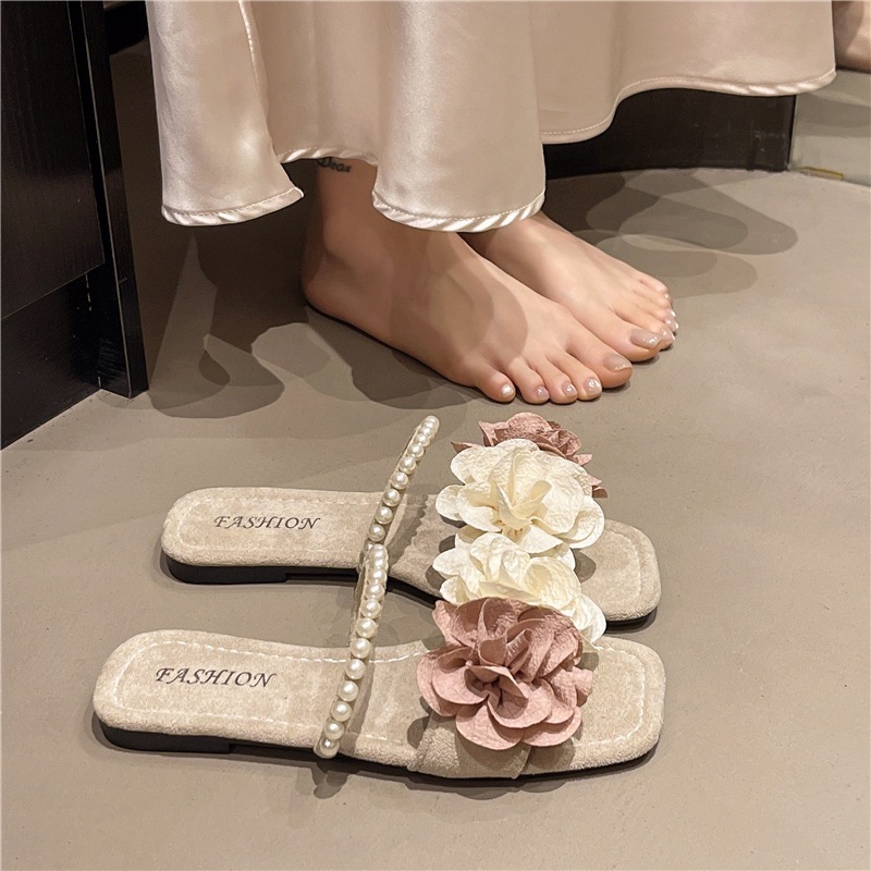 花の気質妖精スタイルスリッパ女性の夏のアウターウェア 2025 新しいファッションスカート付きフラットシーサイドビーチサンダル|undefined