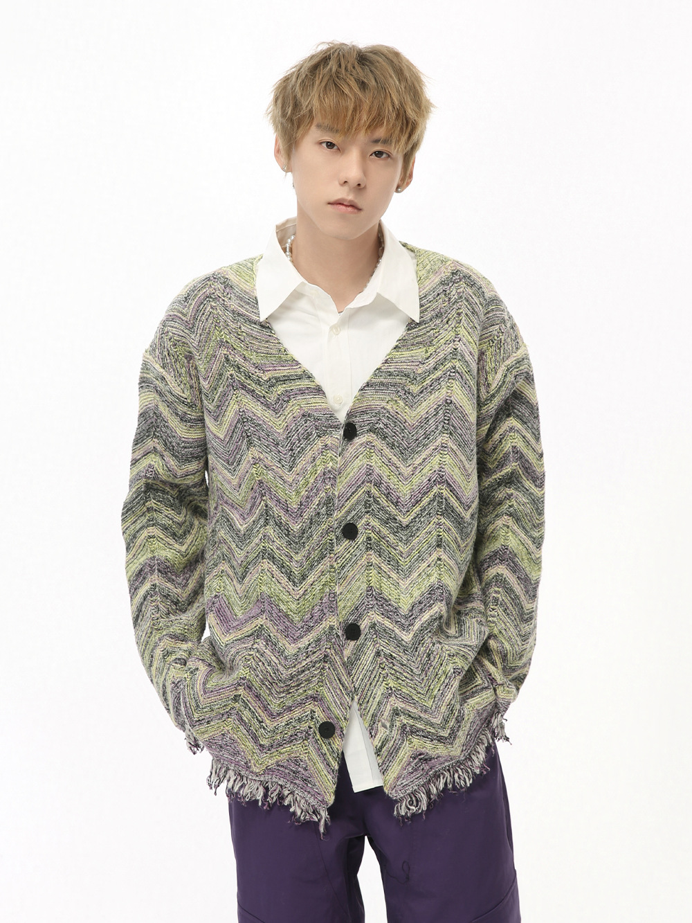 MTLCLOTHES Hombres| 2024 otoño nuevo suéter de contraste retro ondulado rayas de punto cardigan chaqueta