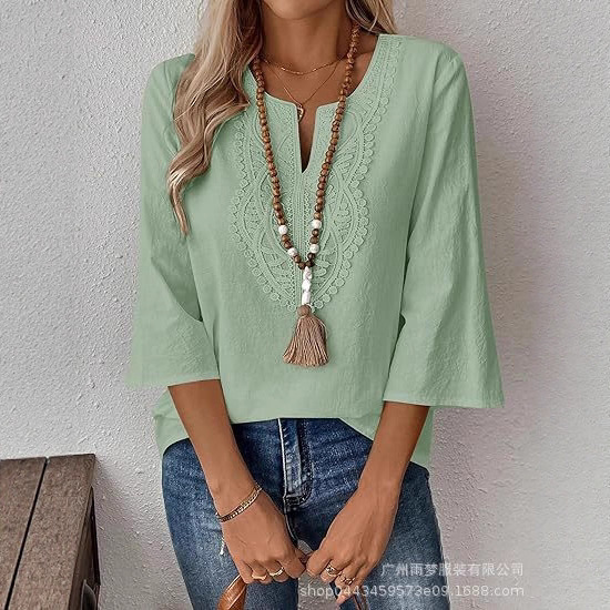 Amazon's New Women's Three-Quarter Sleeve Cotton and Linen Shirt V-Neck Lace Casual Loose Bohemian Style Top