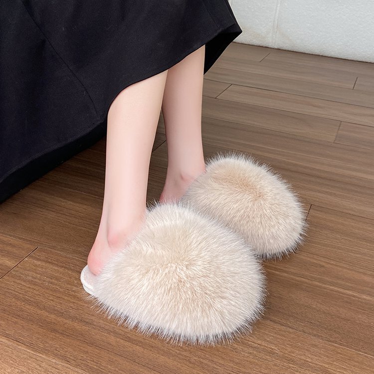 2026 Autumn/Winter New Large Size Women's Closed-Toe Furry Slippers, Flat Indoor Fluffy Plush Cotton Slippers Wholesale