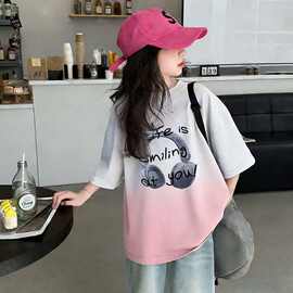 女童潮牌渐变洋气纯棉短袖t恤衫夏季女孩时尚圆领上衣童装批发爆
