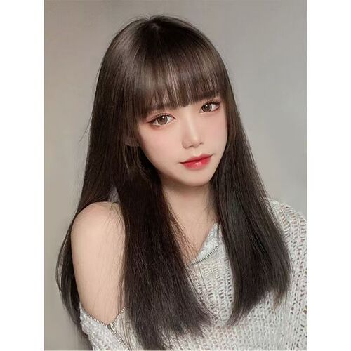 Air bangs girl straight bangs long curly hair long ponytail long straight hair fluffy real girl wig direct sale