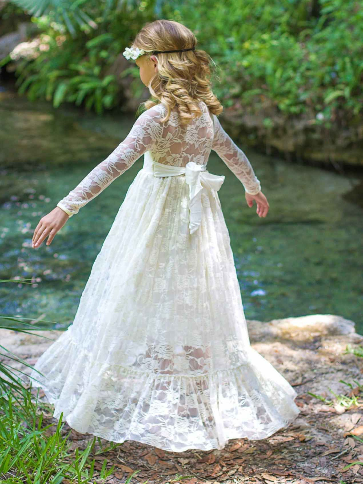Vestido de novia para niñas, estilo europeo y americano, de encaje, manga larga, vestido de hada, vestido largo para cumpleaños y actuaciones.