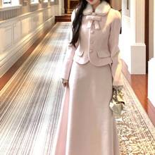 粉色毛呢外套高腰a字半身裙套装女秋法式气质千金风两件套冬季 潮