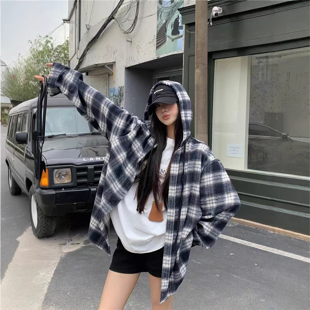 复古慵懒风撞色长袖格子衬衫外套女装秋季宽松休闲小个子连帽上衣