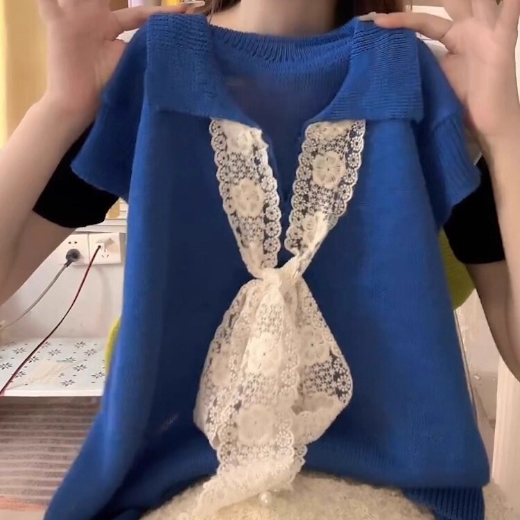 Lace Splicing Blue Short-Sleeved Knit Top for Women 2025 Summer New Style Fashionable and Stylish Top