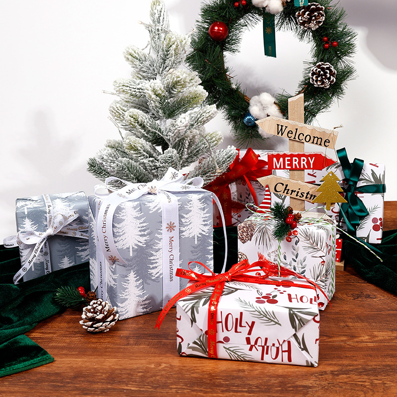 Amazon Hot Sale Creativo Navidad Regalo Wrap Paper Roll Retro Plaid White Wrap Paper Tree