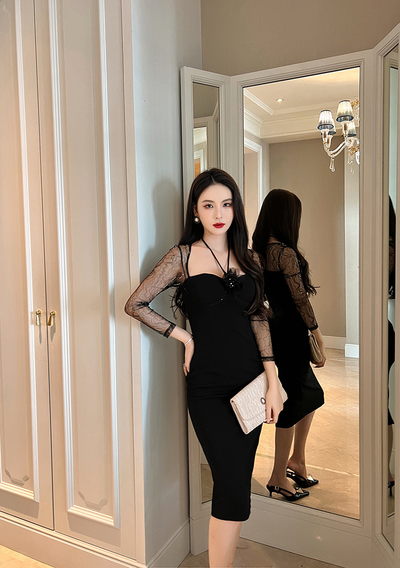 Đầm dài dáng ôm cổ halter phối lưới phong cách quý tộc — Màu đen chi tiết 8