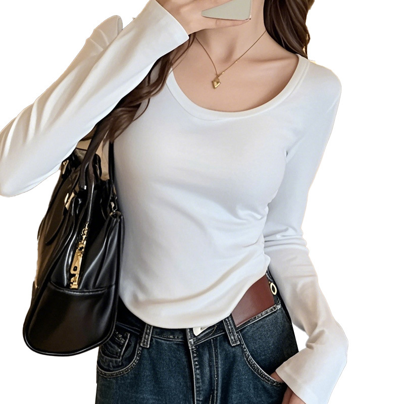 Chica caliente cuello redondo de doble cara camiseta de terciopelo caliente camiseta de base para mujeres 2024 nuevo invierno corto arco debajo de la ropa