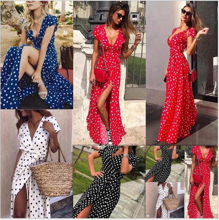 Ebay European and American Clothing Export Summer Short-Sleeved V Neck Low-Cut Printed Polka Dot Dress