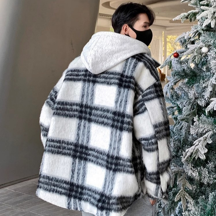 Abrigo a cuadros de dos piezas falso americano para hombres, otoño e invierno, nueva marea nacional, chaqueta acolchada de algodón con capucha de lana retro gruesa y cálida