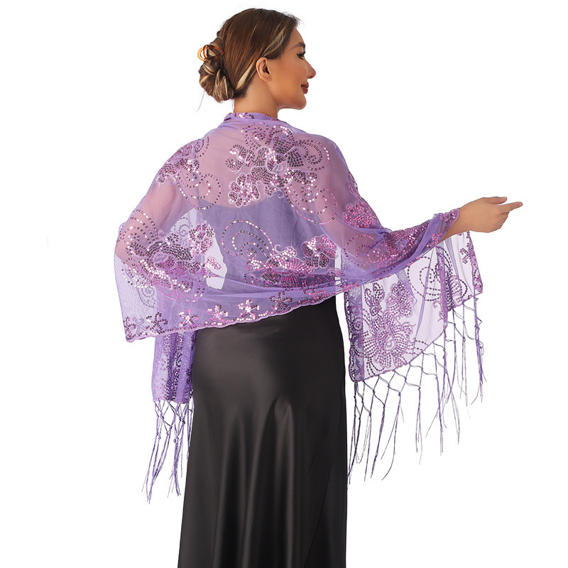 Cross-Border Popular Sequin Tassel Shawl Evening Dress Bride Bridesmaid Party Scarf Ethnic Style Saree Dual-Use for Women