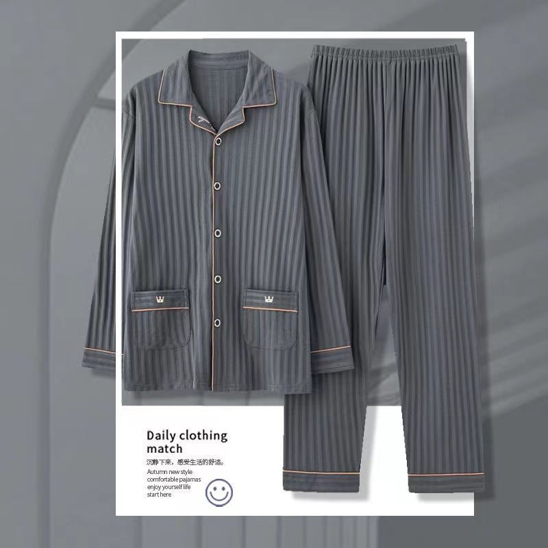 Pijama de algodón masculino primavera y otoño cardigan de manga larga suelta más grande se puede usar fuera del conjunto de ropa de casa