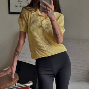 Summer Cool Cut Out Retro Button Polo Short-Sleeved Cut Out Knitwear T-Shirt Women's Summer Exquisite Trendyy Top