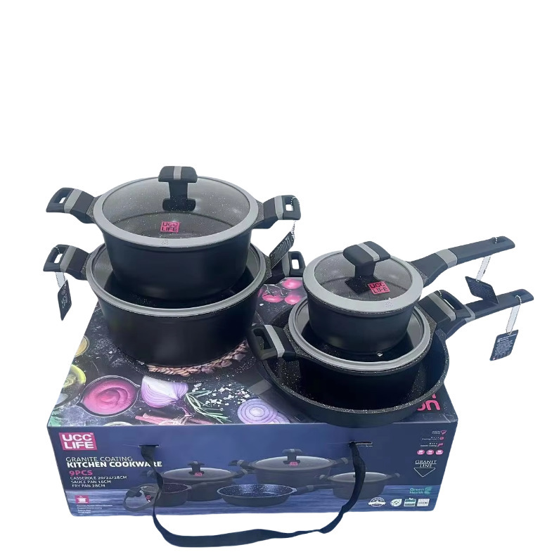 UCCLIFE Hot Pot Anti-adherente Set 9PCS Hot Pot Prensado de gran capacidad de fondo de inducción de mármol anti-adherente