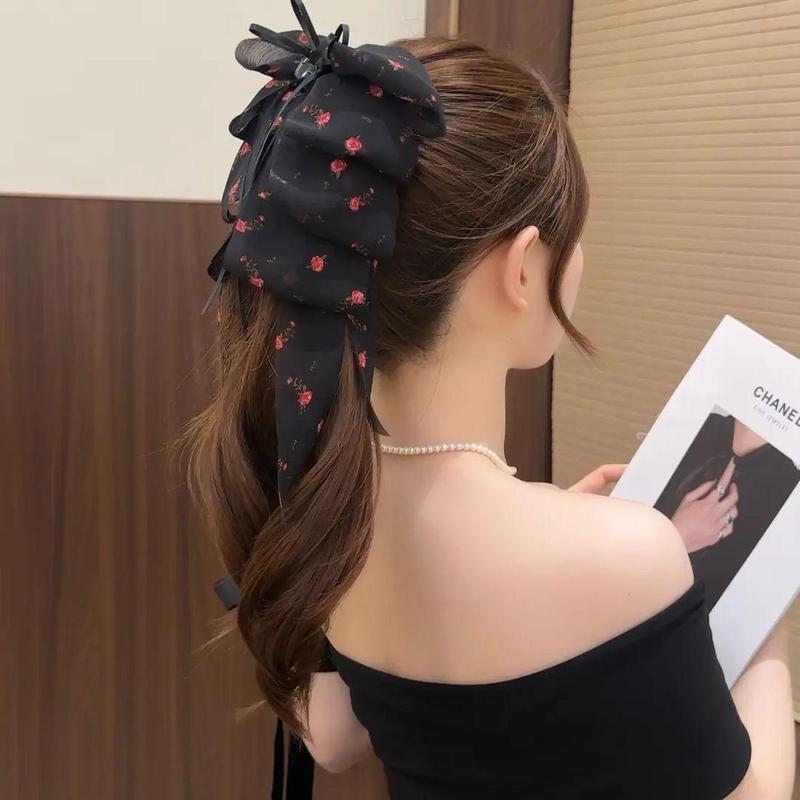 黑色蝴蝶印花飘带马尾夹女后脑勺半扎发抓夹气质轻奢百搭鲨鱼发夹|undefined