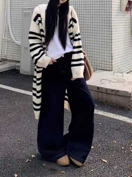 韩系条纹中长款毛衣开衫外套女秋冬季连帽慵懒风小众针织衫上衣|undefined