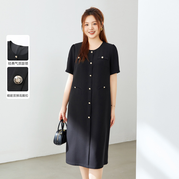 Fiber shows large size women's high-end style, famous lady temperament, round neck simple black dress, fat mm2024 summer new style