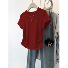 别致爱心刺绣显白纯棉短袖上衣2025夏季新款圆领双侧捏褶T恤衫女