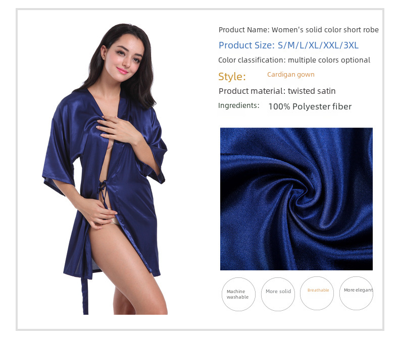Cross-border Women's Twisted Sade Nightgown Bathrobe Solid Color Glossy Summer Thin Sexy Short Cardigan Gown_voghion.com